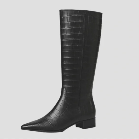 NEW Gianni Bini Black Leather Pointy Toe Croc Emboss Low Heel Knee High Boots 6- - Picture 4 of 14